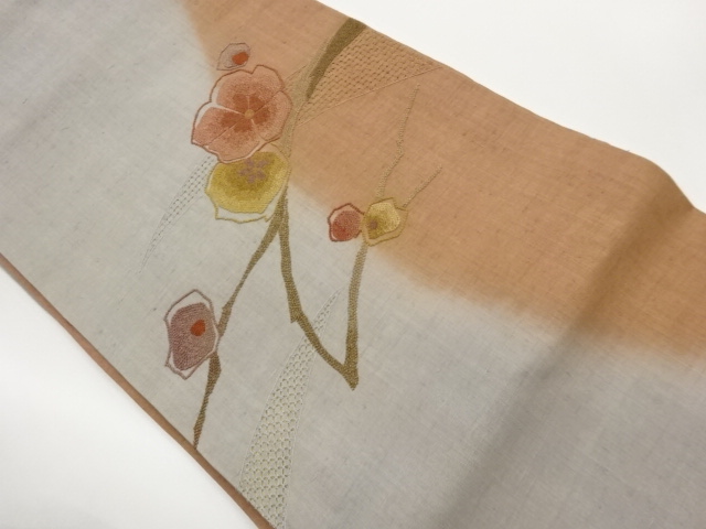 Nagoya obi with abstract branch and flower design, hand-woven pongee SILK with S